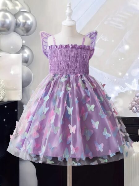 Vestido casual de niña con mariposa en espalda y falda morado