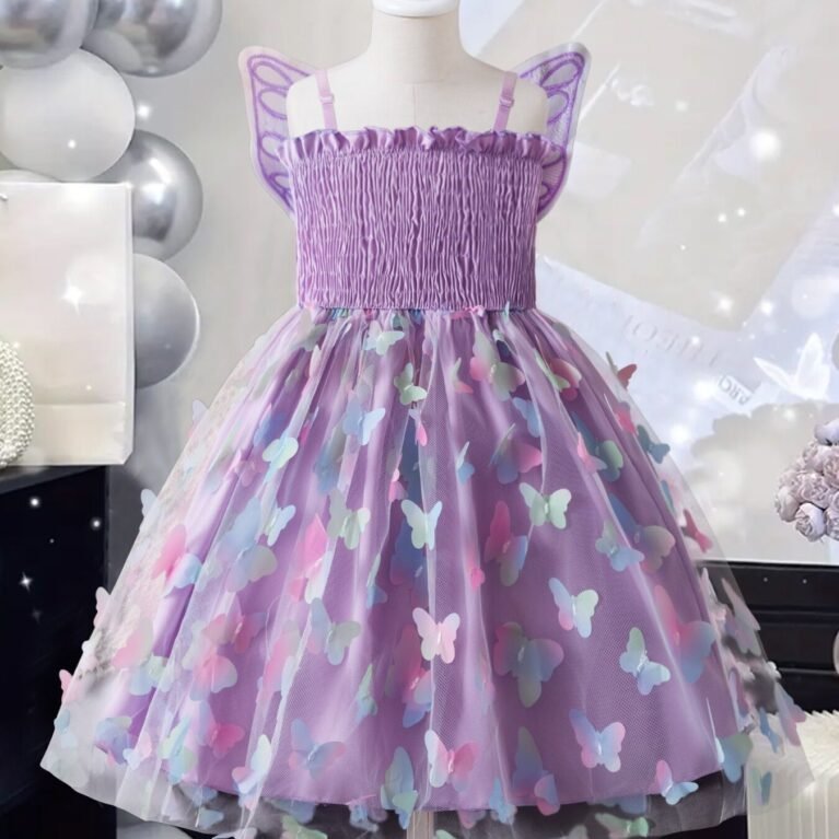 Vestido casual de niña con mariposa en espalda y falda morado