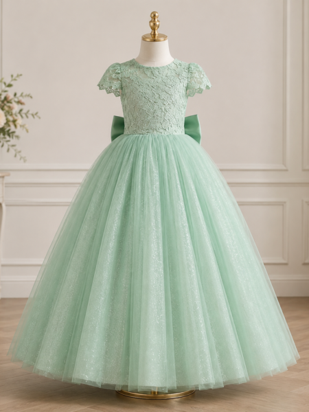 Vestido de niña estilo princesa falda brillante espalda V con lazo
