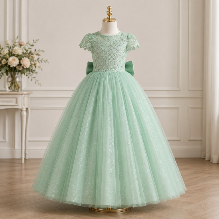 Vestido de niña estilo princesa falda brillante espalda V con lazo