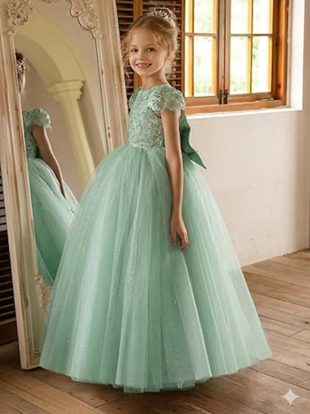 Vestido de niña estilo princesa falda brillante espalda V con lazo