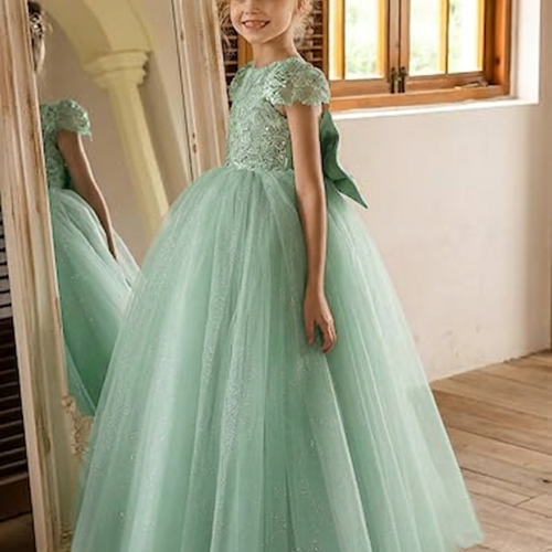 Vestido de niña estilo princesa falda brillante espalda V con lazo