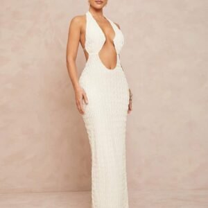 Vestido ajustado largo escote V abertura en abdomen espalda descubierta