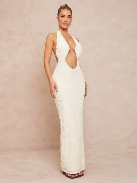 Vestido ajustado largo escote V abertura en abdomen espalda descubierta