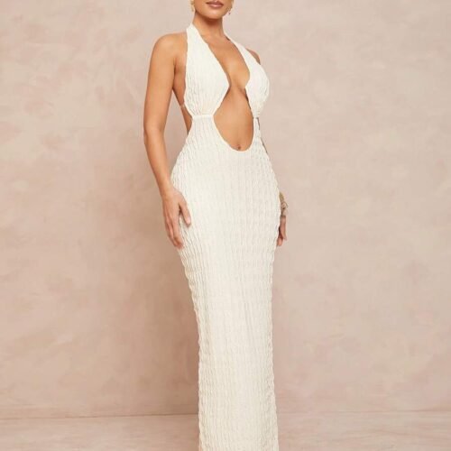 Vestido ajustado largo escote V abertura en abdomen espalda descubierta