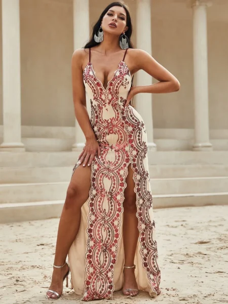 Vestido elegante con lentejuelas escote V aberturas delanteras