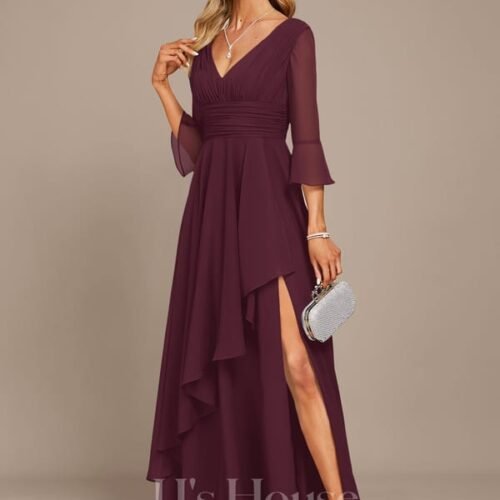 Vestido formal manga 3/4 con vuelos y abertura en muslo