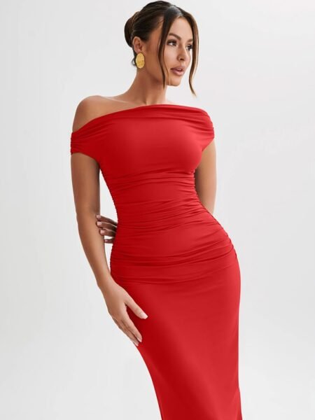 Vestido midi formal de coctel hombros descubiertos