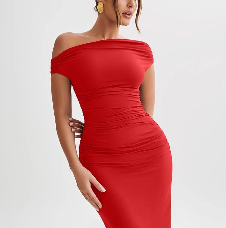 Vestido midi formal de coctel hombros descubiertos