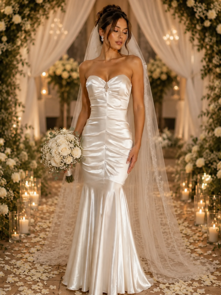 Vestido de novia de saten estilo sirena sin mangas