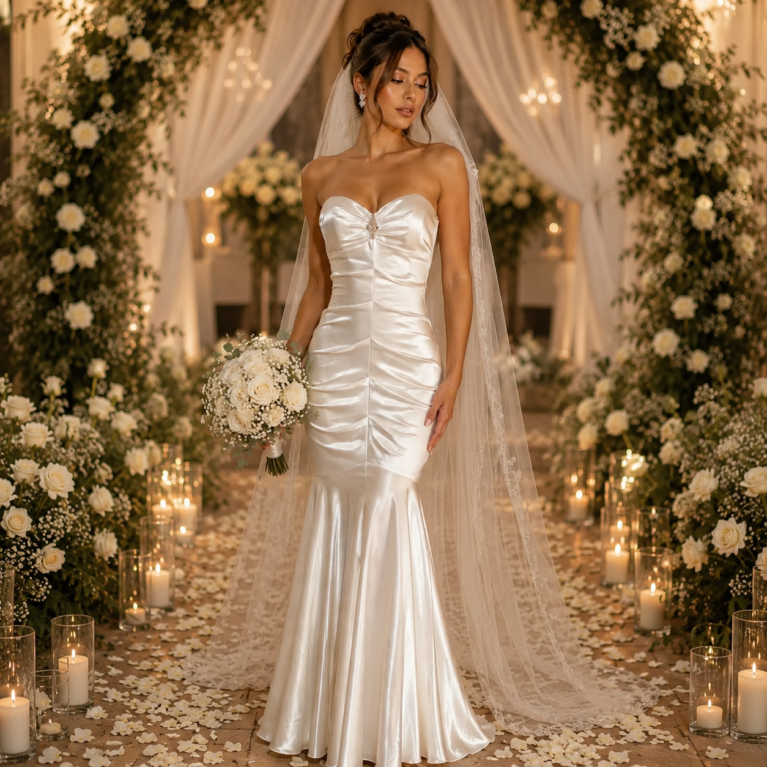 Vestido de novia de saten estilo sirena sin mangas