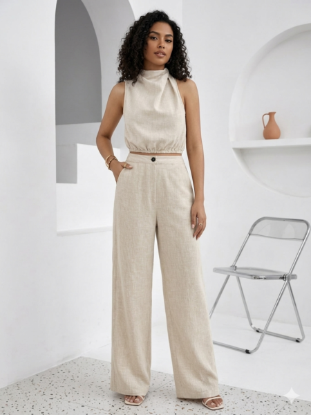 Conjunto de top corto de cuello alto y pantalon recto