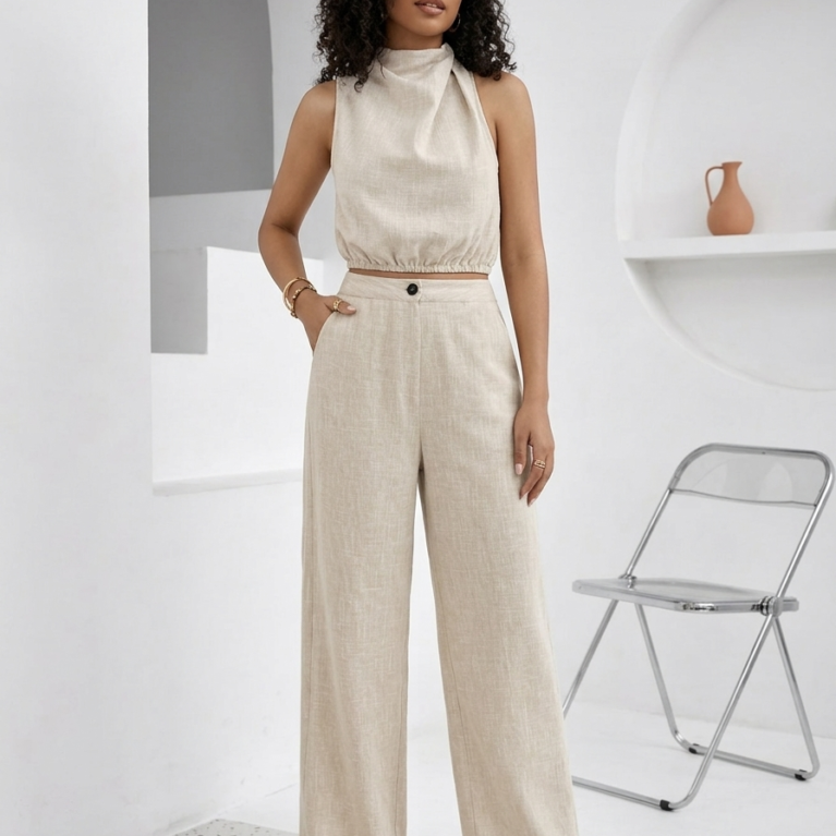 Conjunto de top corto de cuello alto y pantalon recto