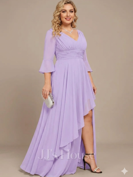 Vestido formal manga 3/4 con vuelos y abertura en muslo
