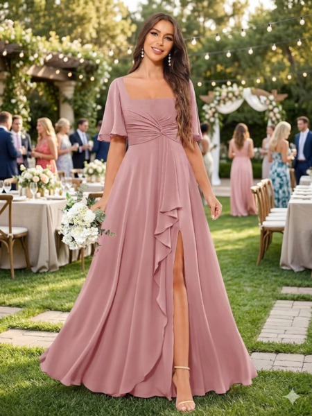 Vestido elegante escote cuadrado con abertura en muslo y cierre de corsé