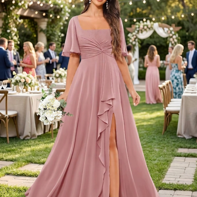 Vestido elegante escote cuadrado con abertura en muslo y cierre de corsé