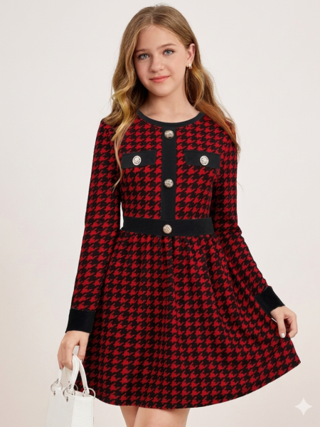 Vestido de niña a cuadros formal de manga larga