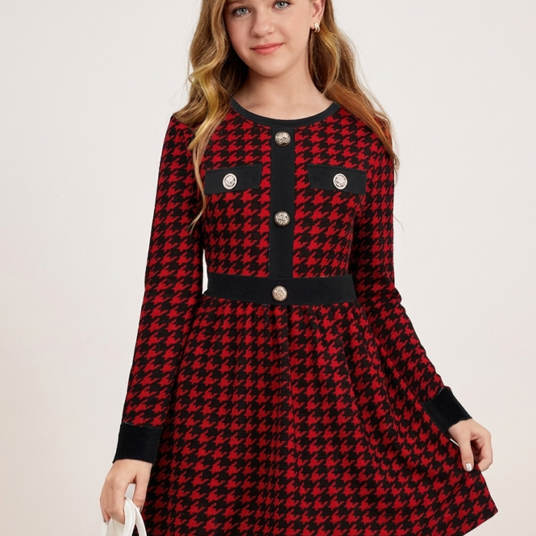 Vestido de niña a cuadros formal de manga larga