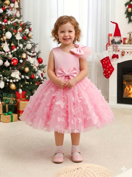 Vestido de niña elegante con mariposas en falda y lazo en hombro