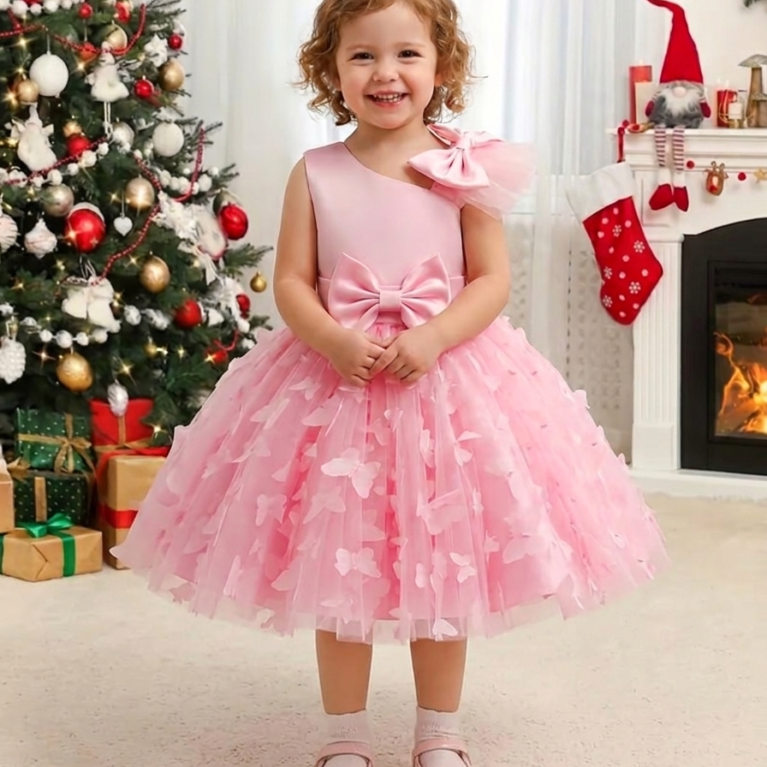 Vestido de niña elegante con mariposas en falda y lazo en hombro