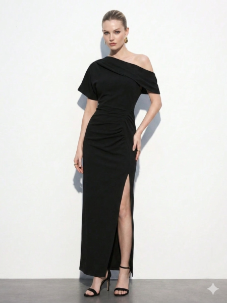 Vestido largo asimetrico con abertura lateral fruncido