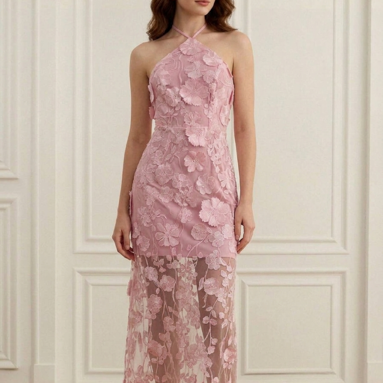 Vestido elegante con detalle floral y espalda descubierta
