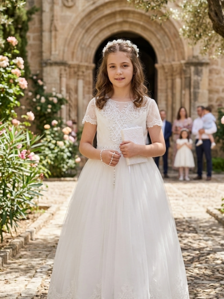Vestido de niña formal falda amplia de tul con encaje manga corta