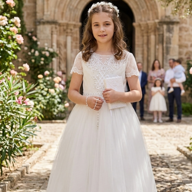 Vestido de niña formal falda amplia de tul con encaje manga corta