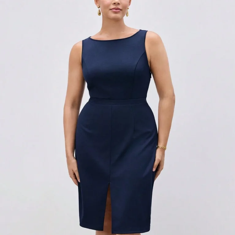 Vestido midi formal con abertura baja frontal