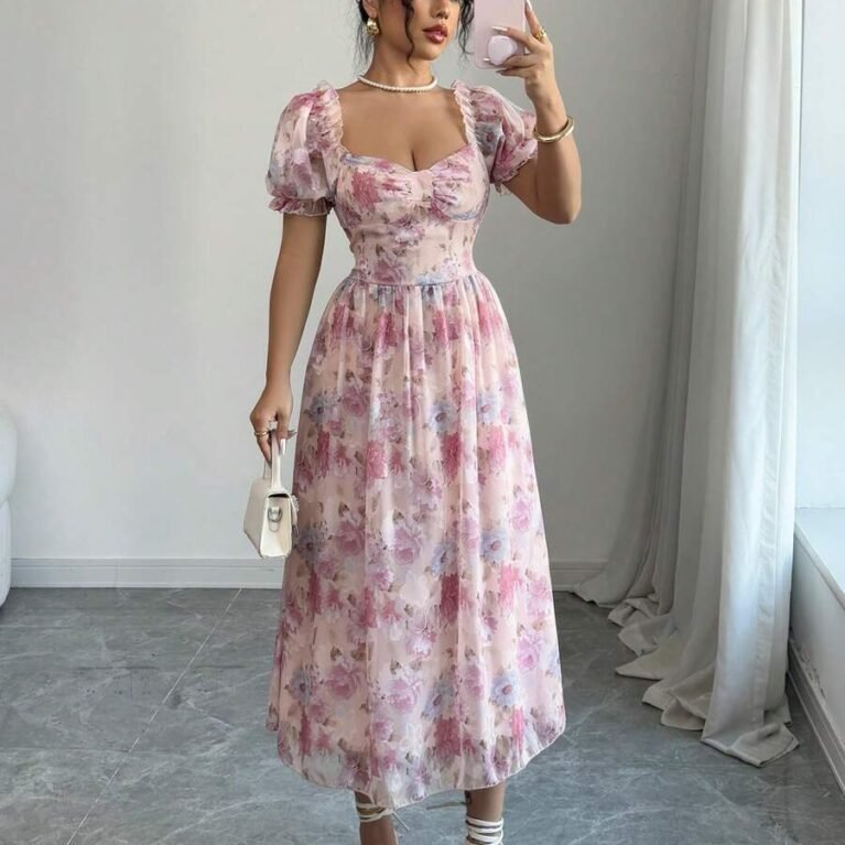 Vestido midi floral con mangas abullanadas