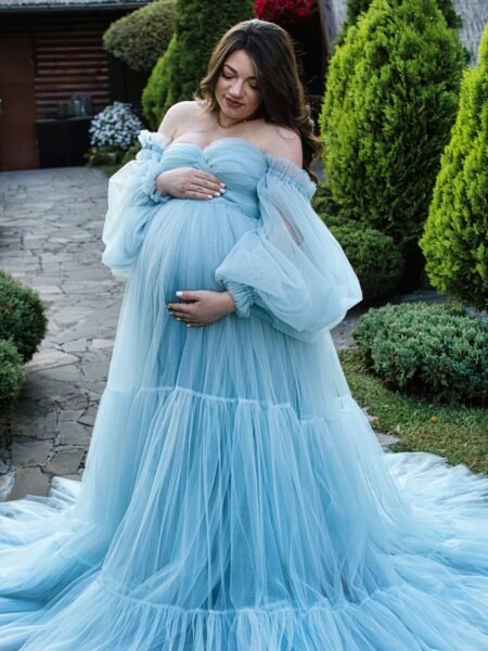 Vestido maternal de tul hombros caídos para sesión de fotos