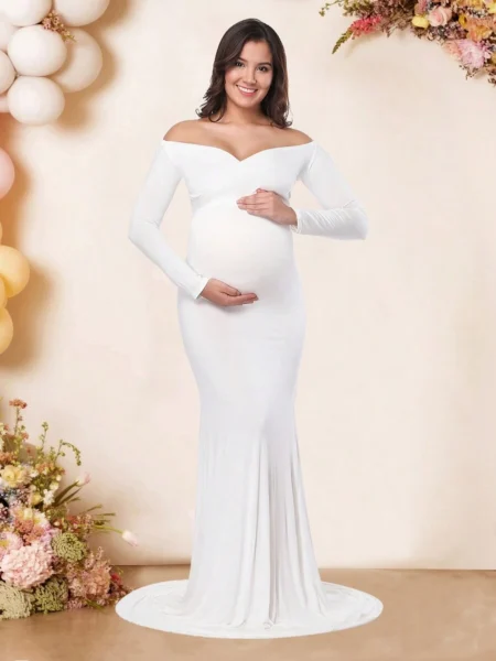 Vestido maternal hombros descubiertos para sesión de fotos