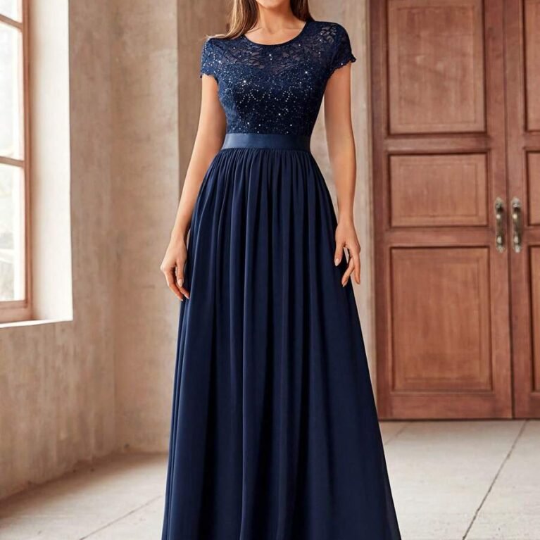 Vestido largo eleganete de manga corta de falda amplia