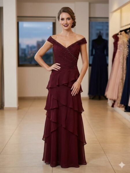 Vestido largo hombros descubiertos con vuelos y abalorios