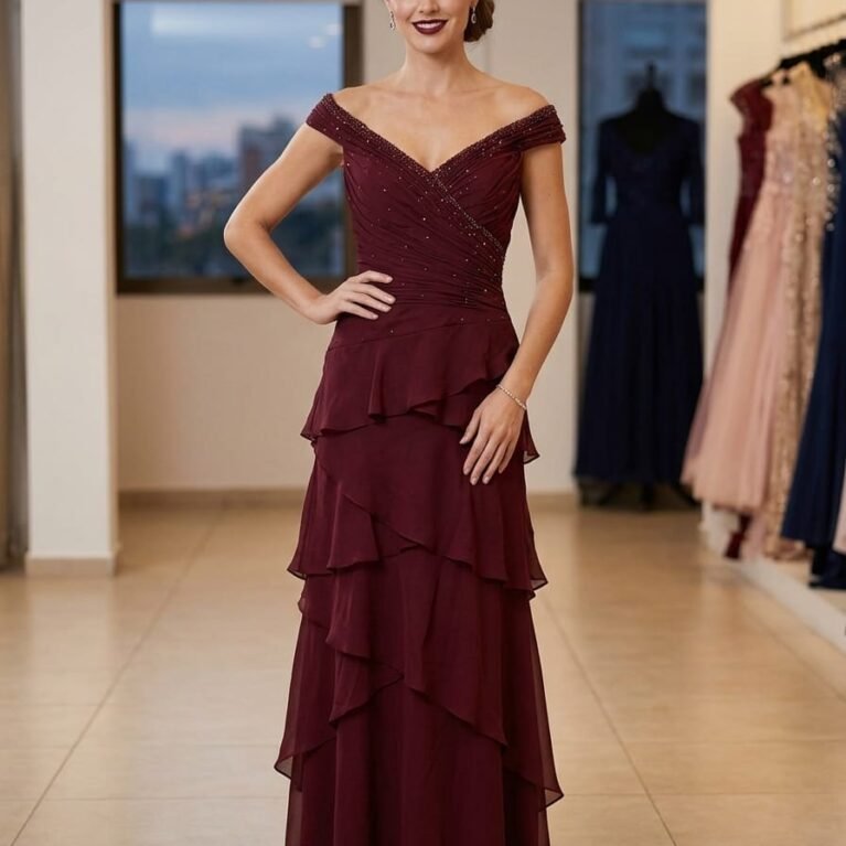 Vestido largo hombros descubiertos con vuelos y abalorios