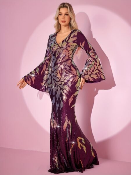 Vestido elegante de lentejuelas estilo sirena con manga campana