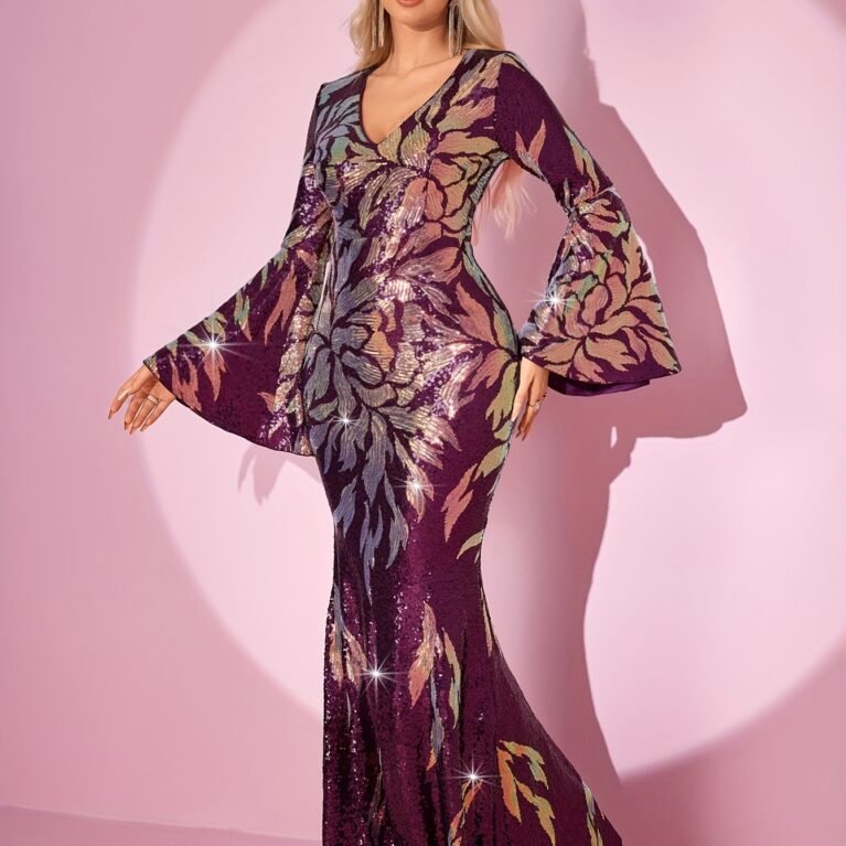Vestido elegante de lentejuelas estilo sirena con manga campana