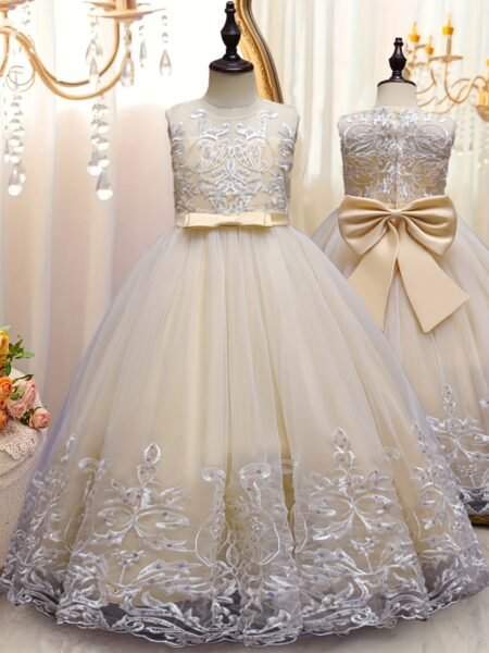Vestido de niña formal con encaje y lazo en cintura