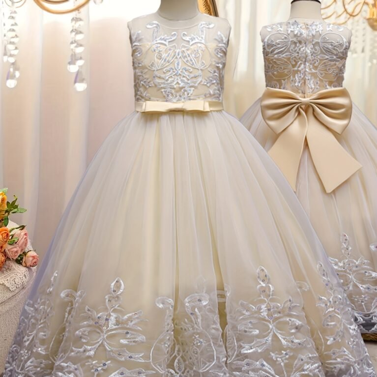 Vestido de niña formal con encaje y lazo en cintura