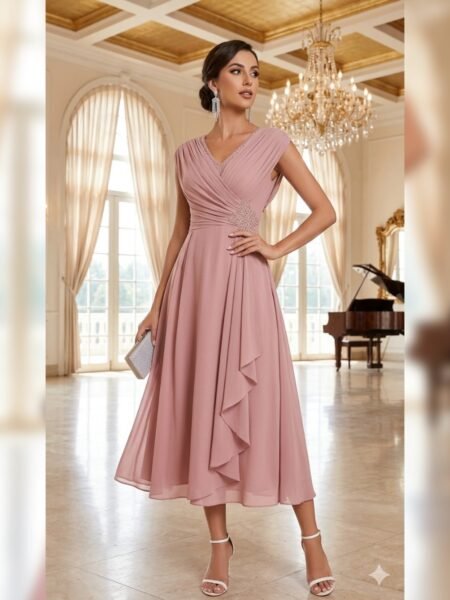 Vestido midi elegante escote V con pedrería
