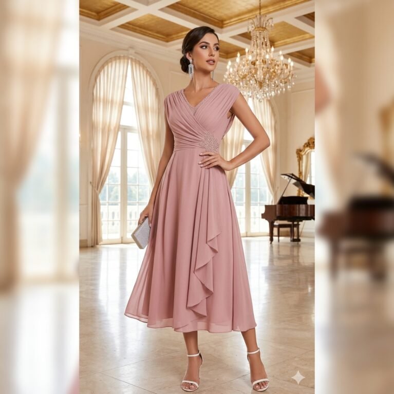 Vestido midi elegante escote V con pedrería