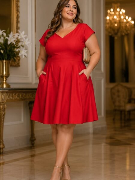 Vestido midi elegante volado con escote V de manga corta