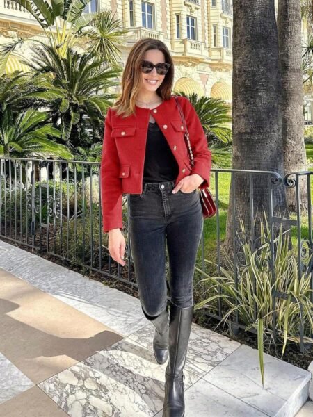 Chaqueta elegante cuello redondo con bolsillos