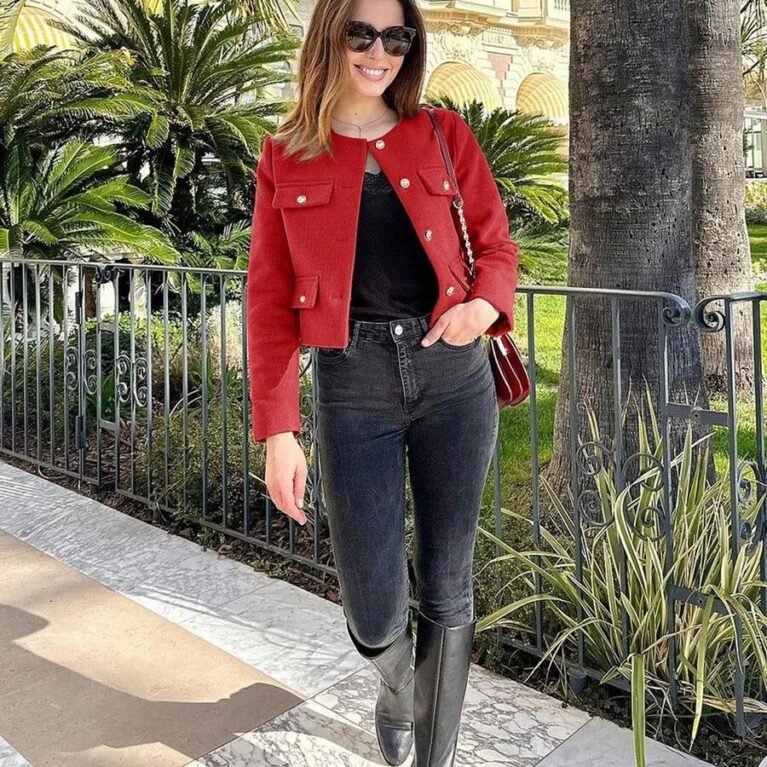 Chaqueta elegante cuello redondo con bolsillos