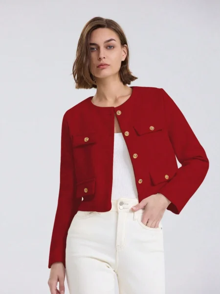 Chaqueta elegante cuello redondo con bolsillos