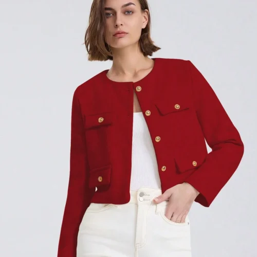 Chaqueta elegante cuello redondo con bolsillos