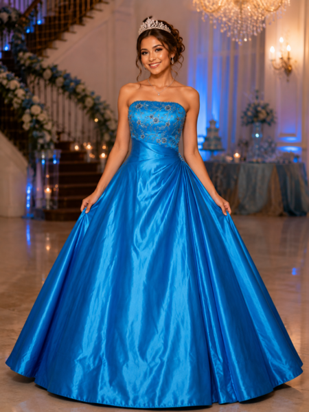 Vestido de quinceaños strappless con pedrería estilo princesa