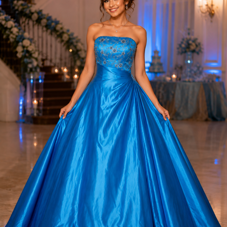 Vestido de quinceaños strappless con pedrería estilo princesa