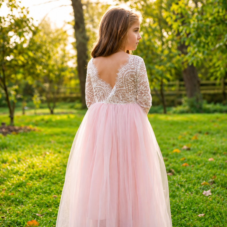 Vestido de niña manga larga con encaje y espalda en V