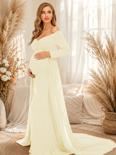 Vestido maternal hombros descubiertos con capa para sesión de fotos
